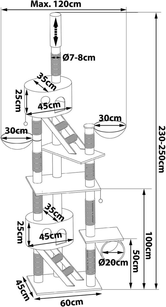 Kissojen raapimispiste Lionto, 230-250 cm, musta/valkoinen hinta ja tiedot | Raapimispuut ja kiipeilypuut | hobbyhall.fi