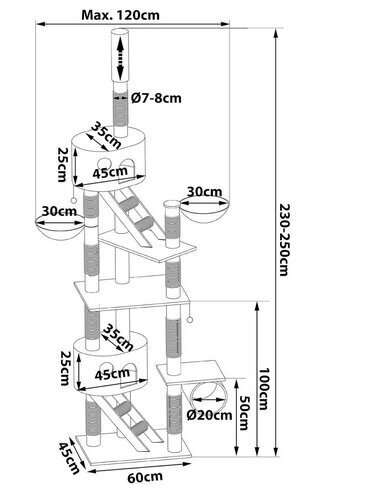 Raapimispuu kissoille Lionto, 230-250 cm, ruskea hinta ja tiedot | Raapimispuut ja kiipeilypuut | hobbyhall.fi