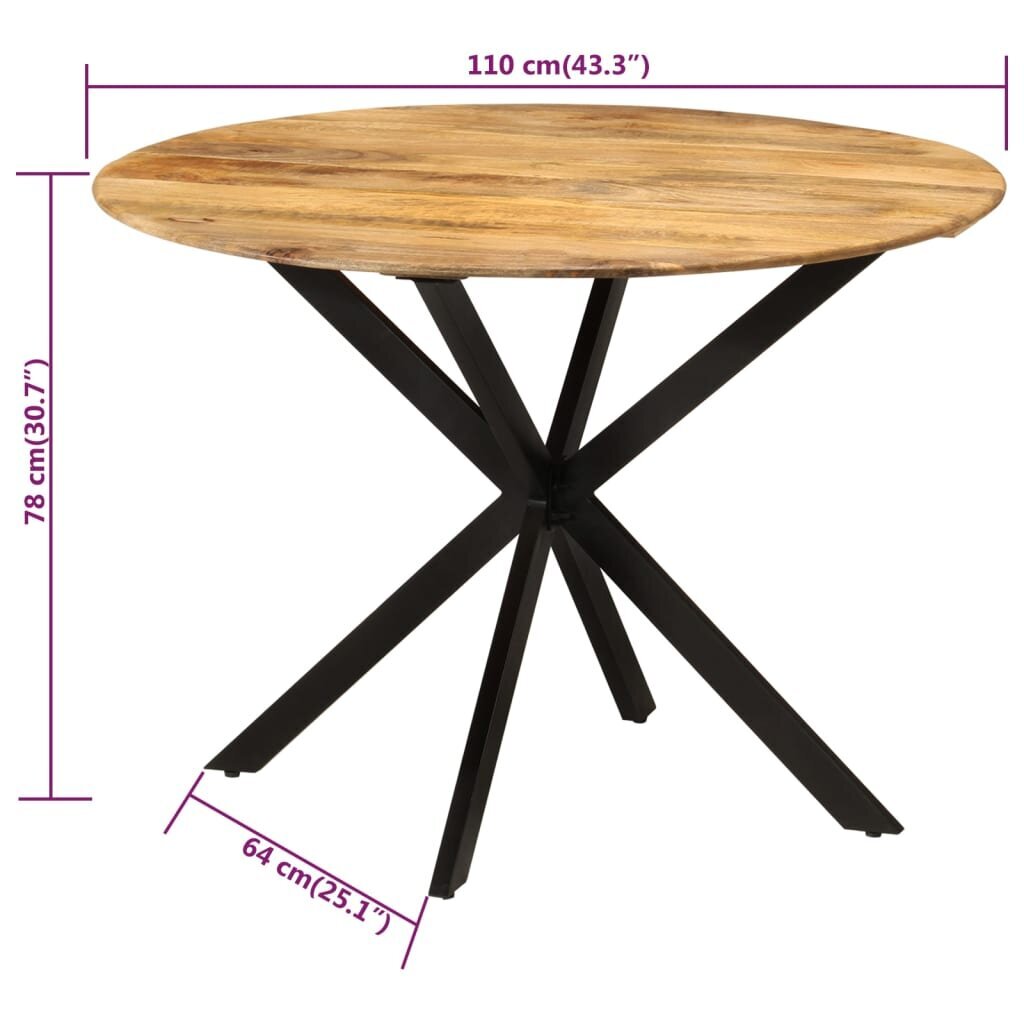 vidaXL Ruokapöytä Ø110x78 cm täysi mangopuu ja teräs hinta ja tiedot | Ruokapöydät | hobbyhall.fi