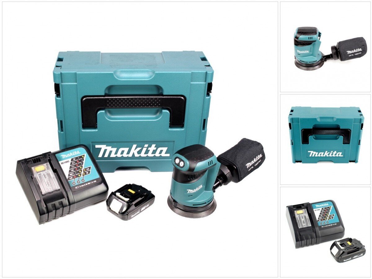 Akkukäyttöinen epäkeskohiomakone Makita DBO 180 Y1J-D, 18 V, 1,5 Ah akulla ja laturilla, Makpac hinta ja tiedot | Hiomakoneet | hobbyhall.fi