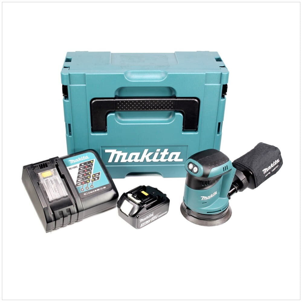 Makita DBO 180 RF1J -akkukäyttöinen epäkeskohiomakone 18 V 125 mm + 1 x akku 3,0 Ah + laturi + Makpac hinta ja tiedot | Hiomakoneet | hobbyhall.fi