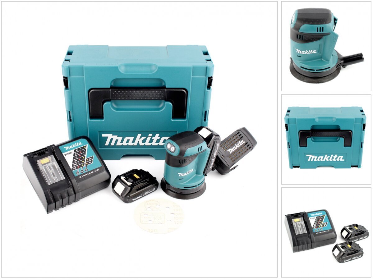 Akkukäyttöinen epäkeskohiomakone Makita DBO 180 RYJ 18 V + 2 x akku 1,5 Ah + laturi + Makpac hinta ja tiedot | Hiomakoneet | hobbyhall.fi