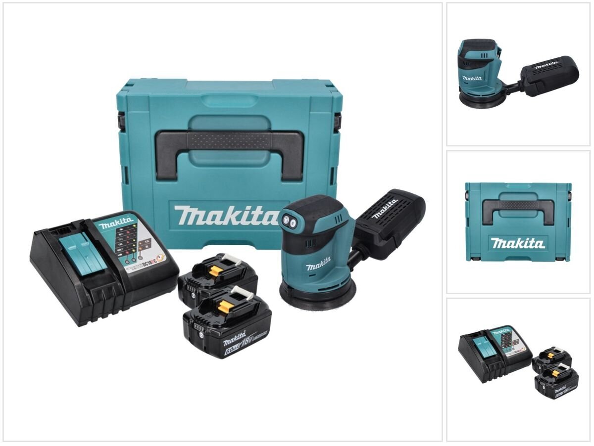 Makita DBO 180 RGJ 18 V 125 mm -akkukäyttöinen eksentrinen hiomakone + 2 x 6.0 Ah -akku + laturi + Makpac hinta ja tiedot | Hiomakoneet | hobbyhall.fi