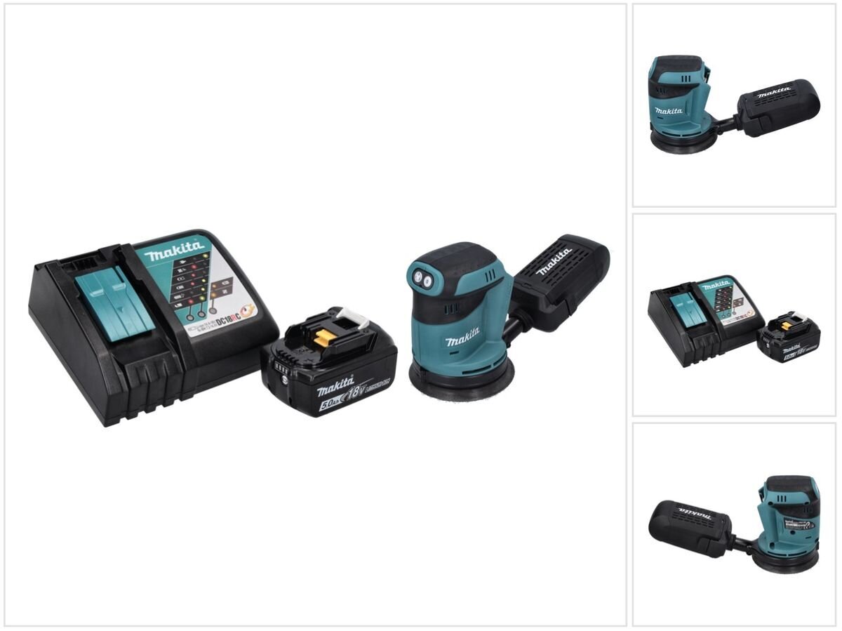 Makita DBO 180 RT1 -akkukäyttöinen eksentrinen hiomakone 18 V 125 mm + 1 x 5,0 Ah -akku + laturi hinta ja tiedot | Hiomakoneet | hobbyhall.fi