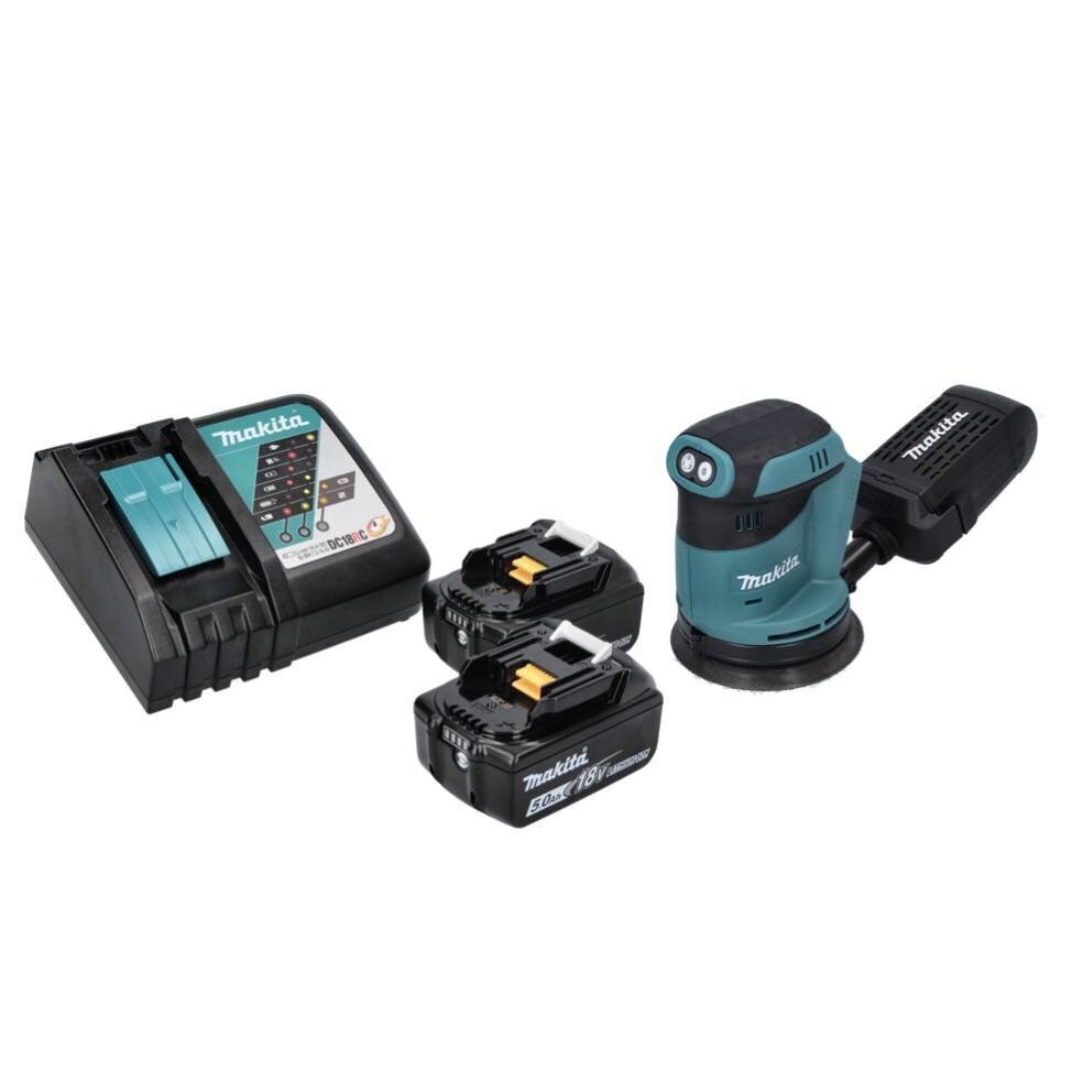 Makita DBO 180 RT -akkukäyttöinen eksentrinen hiomakone 18 V 125 mm + 2 x 5,0 Ah -akku + laturi hinta ja tiedot | Hiomakoneet | hobbyhall.fi