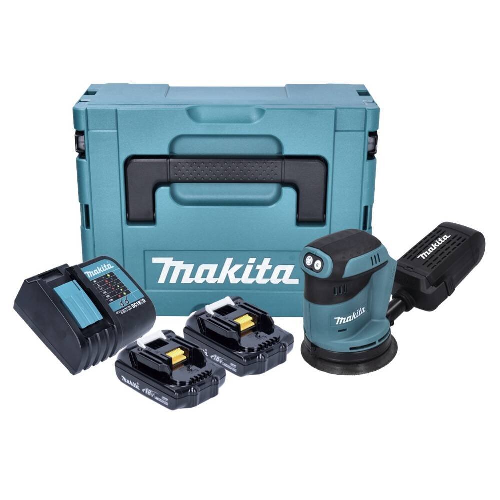 Makita DBO 180 SYJ -akkukäyttöinen epäkeskohiomakone 18 V 125 mm + 2 x 1,5 Ah -akku + laturi + Makpac hinta ja tiedot | Hiomakoneet | hobbyhall.fi