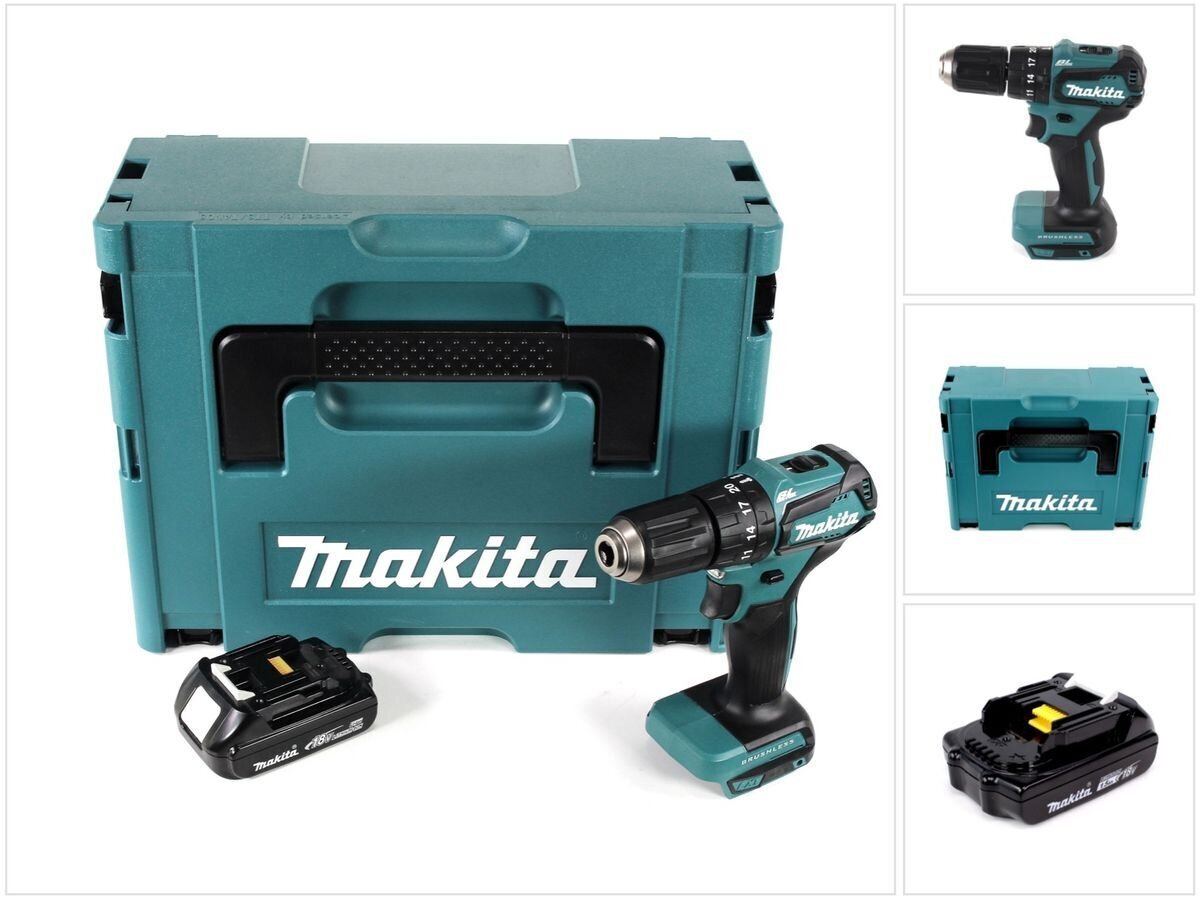 Akkukäyttöinen iskuporakone Makita DHP 483 Y1J 18 V 40 Nm Makpac + 1 x 1,5 Ah -akku - ilman laturia hinta ja tiedot | Akkuporakoneet ja ruuvinvääntimet | hobbyhall.fi