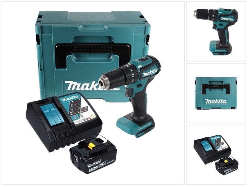 Akkukäyttöinen iskuporakone Makita DHP 483 RG1J 18 V 40 Nm + 1 x 6,0 Ah -akku + laturi + Makpac