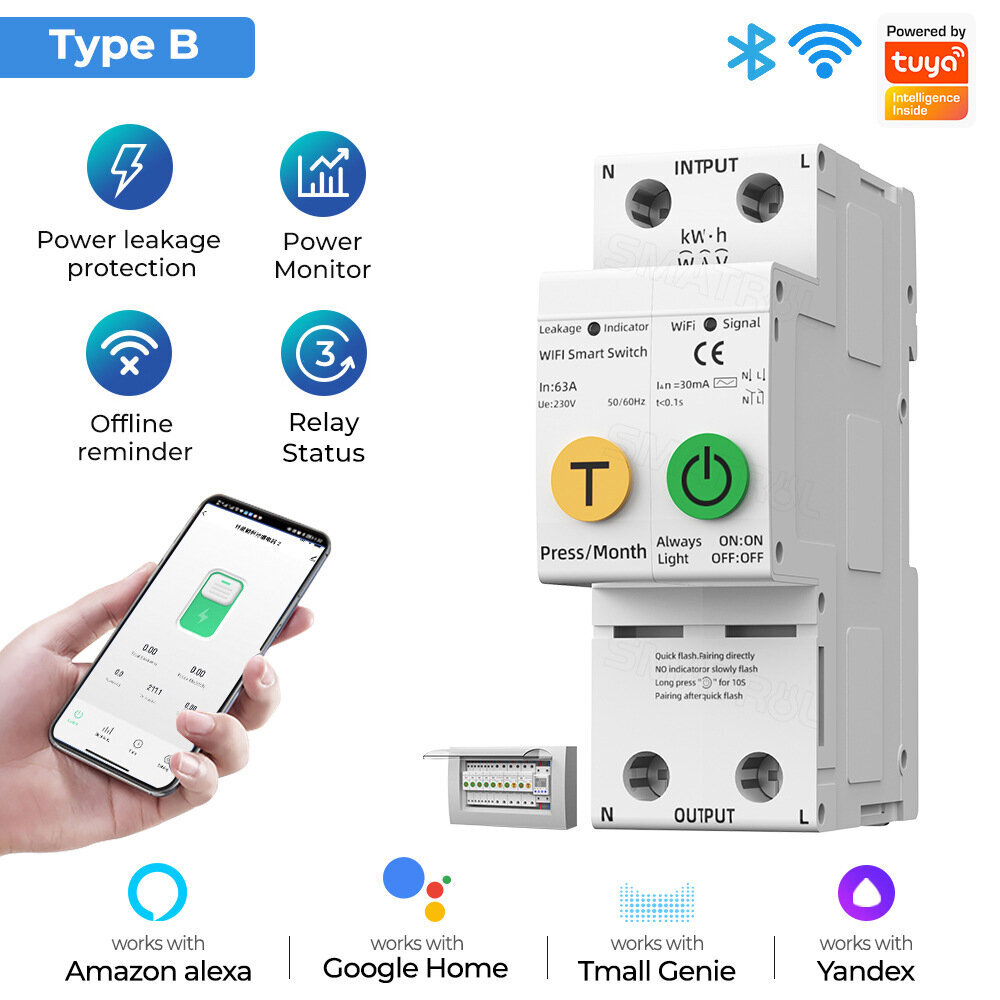 Sähköinen katkaisija Smart Wifi 63 Amp 2P hinta ja tiedot | Kytkimet ja pistorasiat | hobbyhall.fi