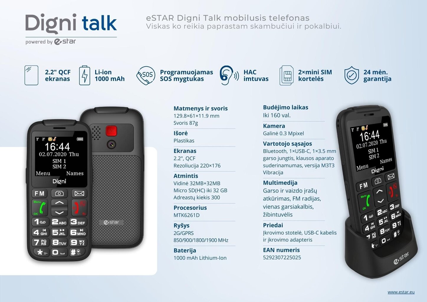 eSTAR Digni Talk Senior Phone Dual SIM Black hinta ja tiedot | Matkapuhelimet | hobbyhall.fi