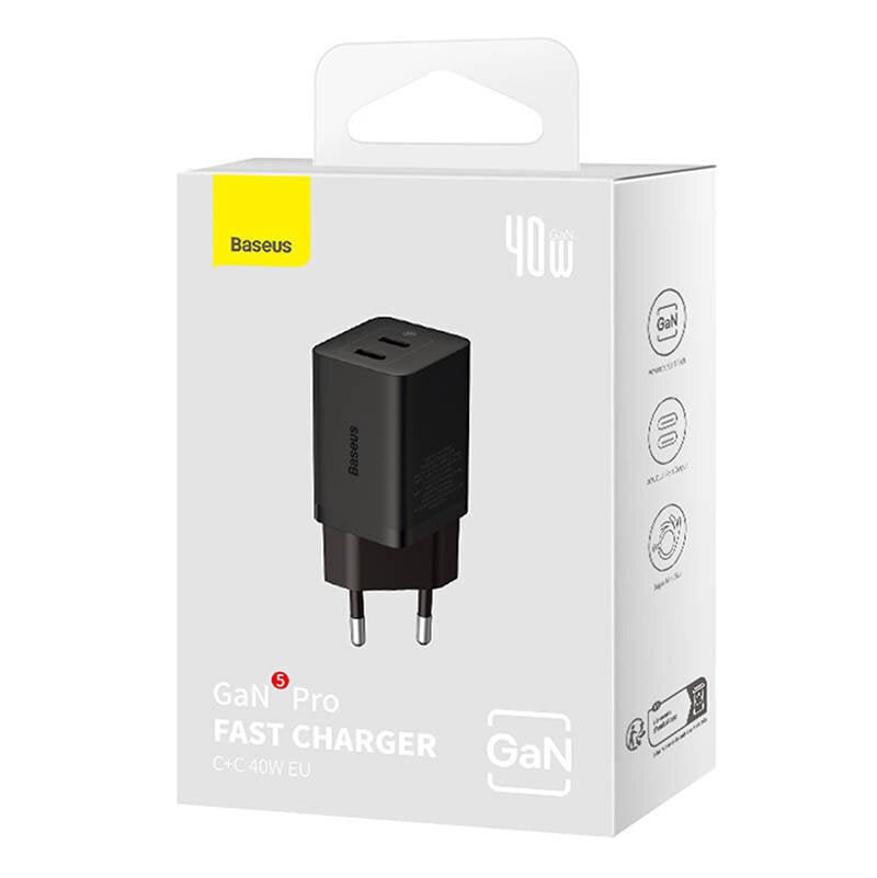 Laturi Baseus GaN5 40W, 2x USB C (Black) hinta ja tiedot | Puhelimen laturit | hobbyhall.fi