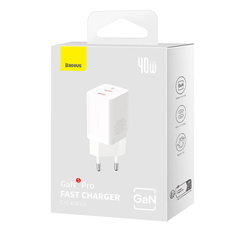 Laturi Baseus GaN5 40W, 2x USB C (valkoinen) hinta ja tiedot | Puhelimen laturit | hobbyhall.fi