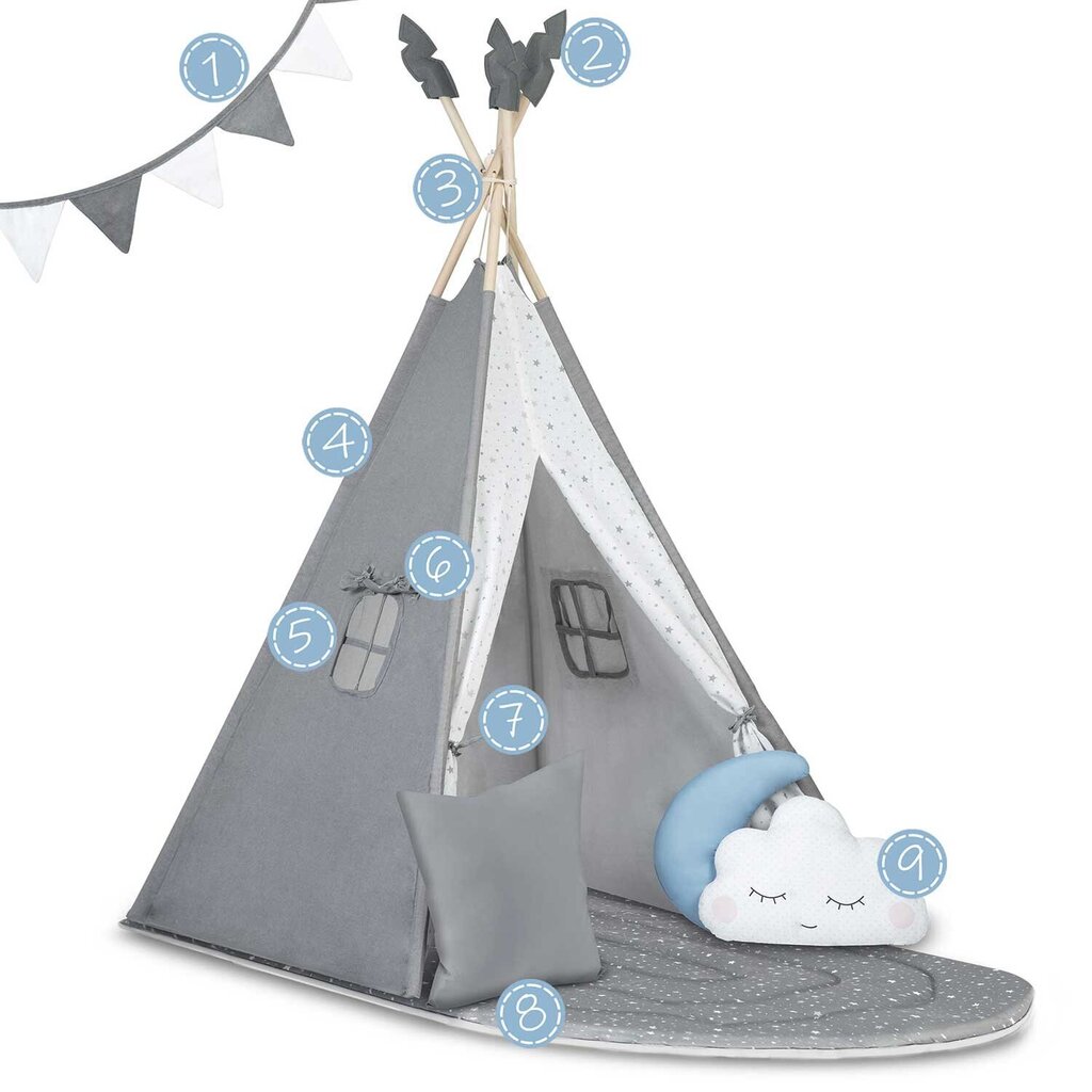 Tipi lasten teltta Nukido, NK-406, harmaa, 116×116×165cm hinta ja tiedot | Lasten leikkimökit ja -teltat | hobbyhall.fi