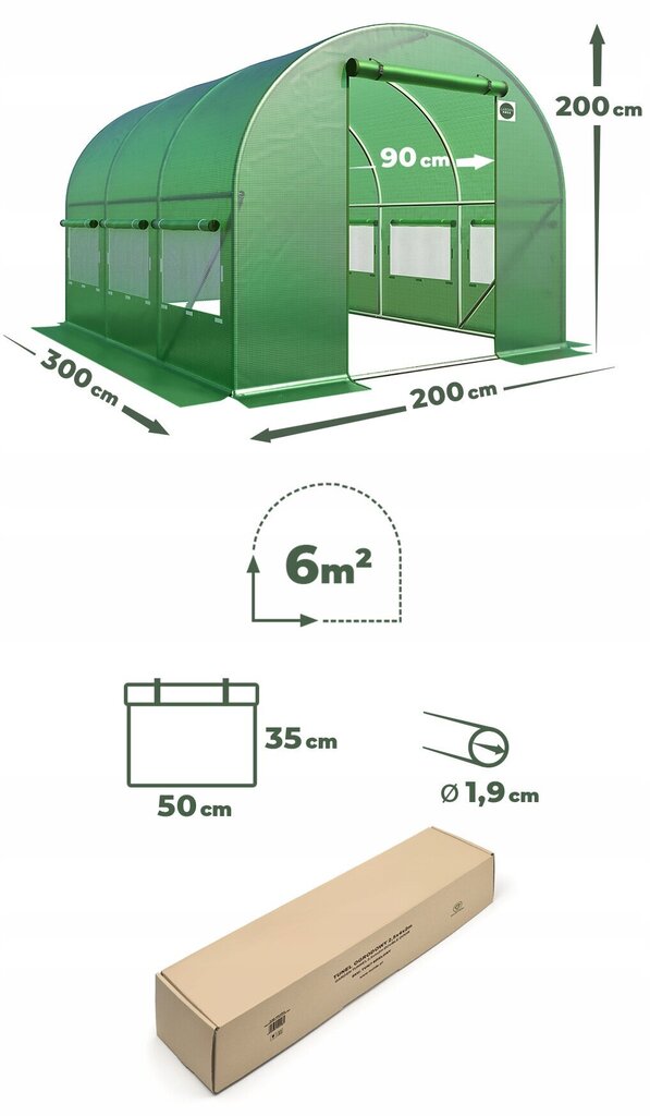 Puutarhatunneli - kasvihuone 3x2 m hinta ja tiedot | Kasvihuoneet | hobbyhall.fi