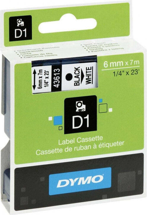 Laminoitu teippi etiketöintikoneille Dymo D1 43613 LabelManager™ Valkoinen 6 mm Musta (5 kpl) hinta ja tiedot | Tulostustarvikkeet | hobbyhall.fi