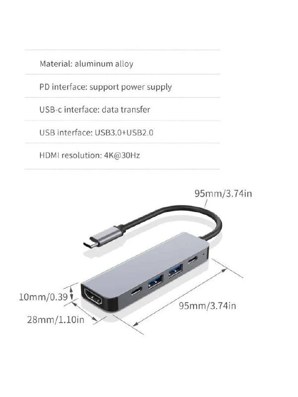 Type-C HUB 5-in-1 -jakaja MacBookille, Electronics LV-373, harmaa hinta ja tiedot | Adapterit | hobbyhall.fi