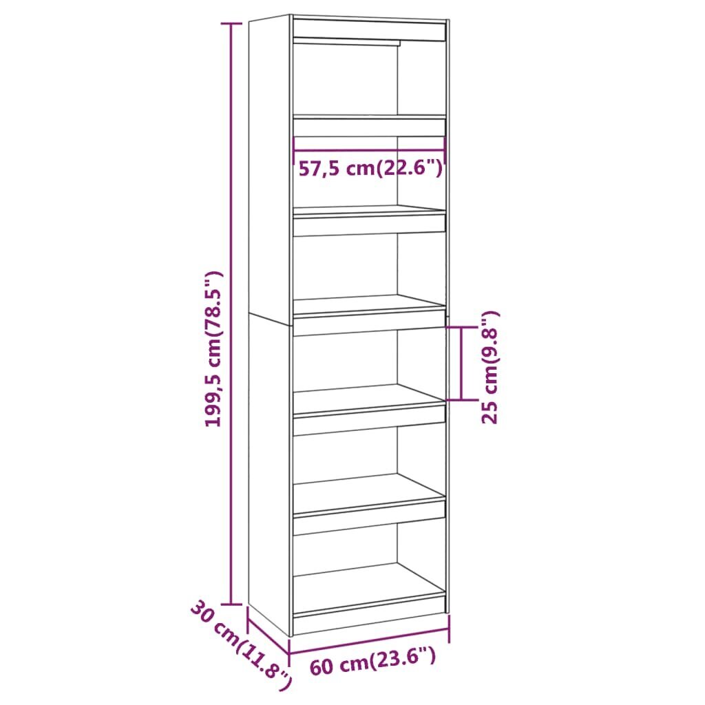 vidaXL Kirjahylly/tilanjakaja harmaa 60x30x199,5 cm täysi mänty hinta ja tiedot | Hyllyt | hobbyhall.fi