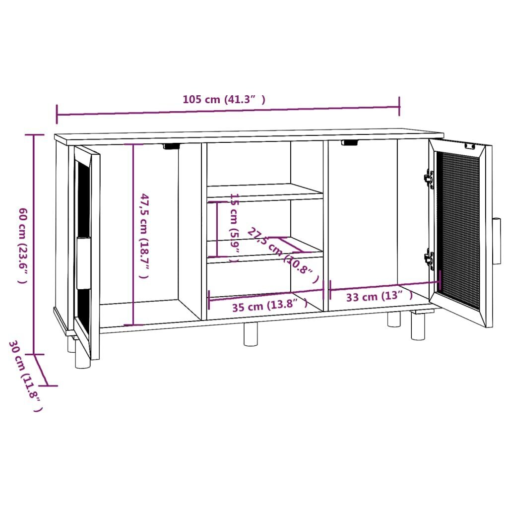 vidaXL Senkki musta 105x30x60 cm täysi mänty ja luonnonrottinki hinta ja tiedot | Olohuoneen kaapit ja lipastot | hobbyhall.fi