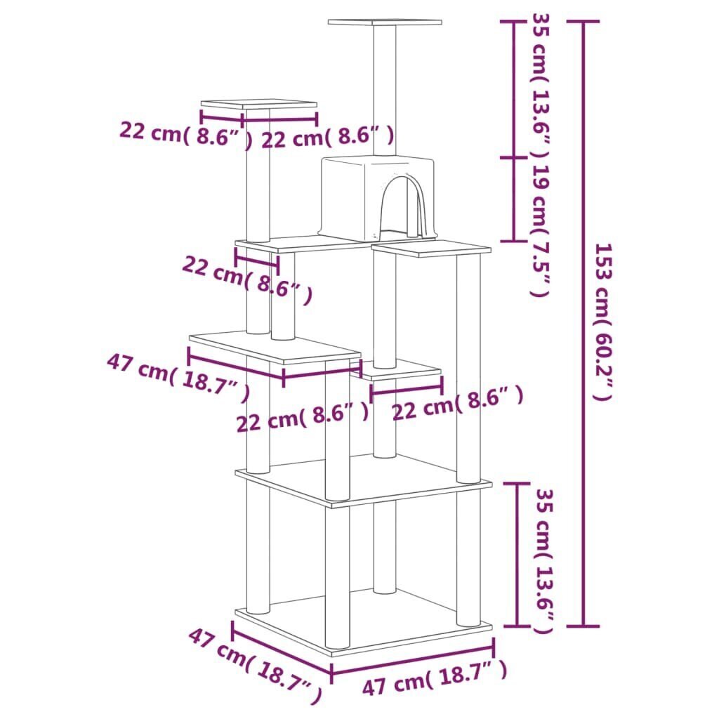 vidaXL Kissan kiipeilypuu sisal- raapimispylväillä kerma 153 cm hinta ja tiedot | Raapimispuut ja kiipeilypuut | hobbyhall.fi