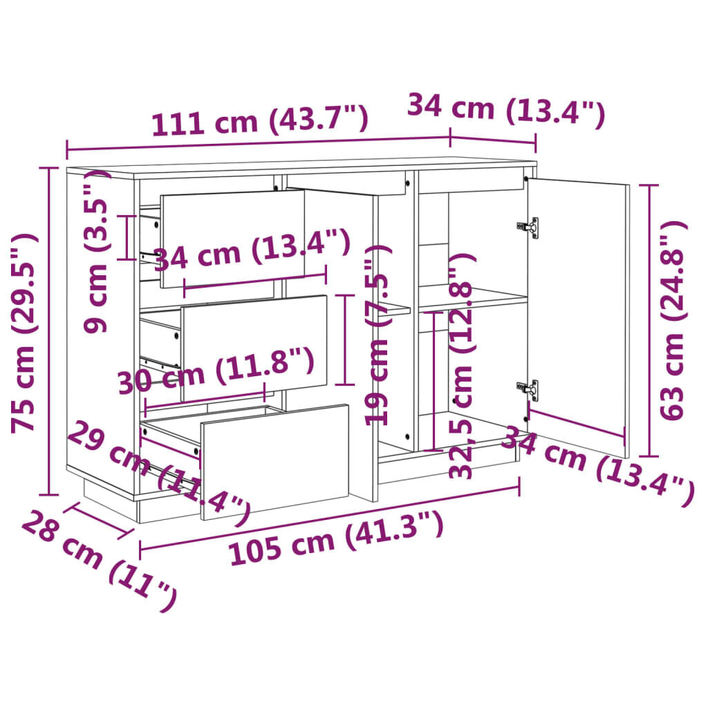 vidaXL Senkki valkoinen 111x34x75 cm täysi mänty hinta ja tiedot | Olohuoneen kaapit ja lipastot | hobbyhall.fi