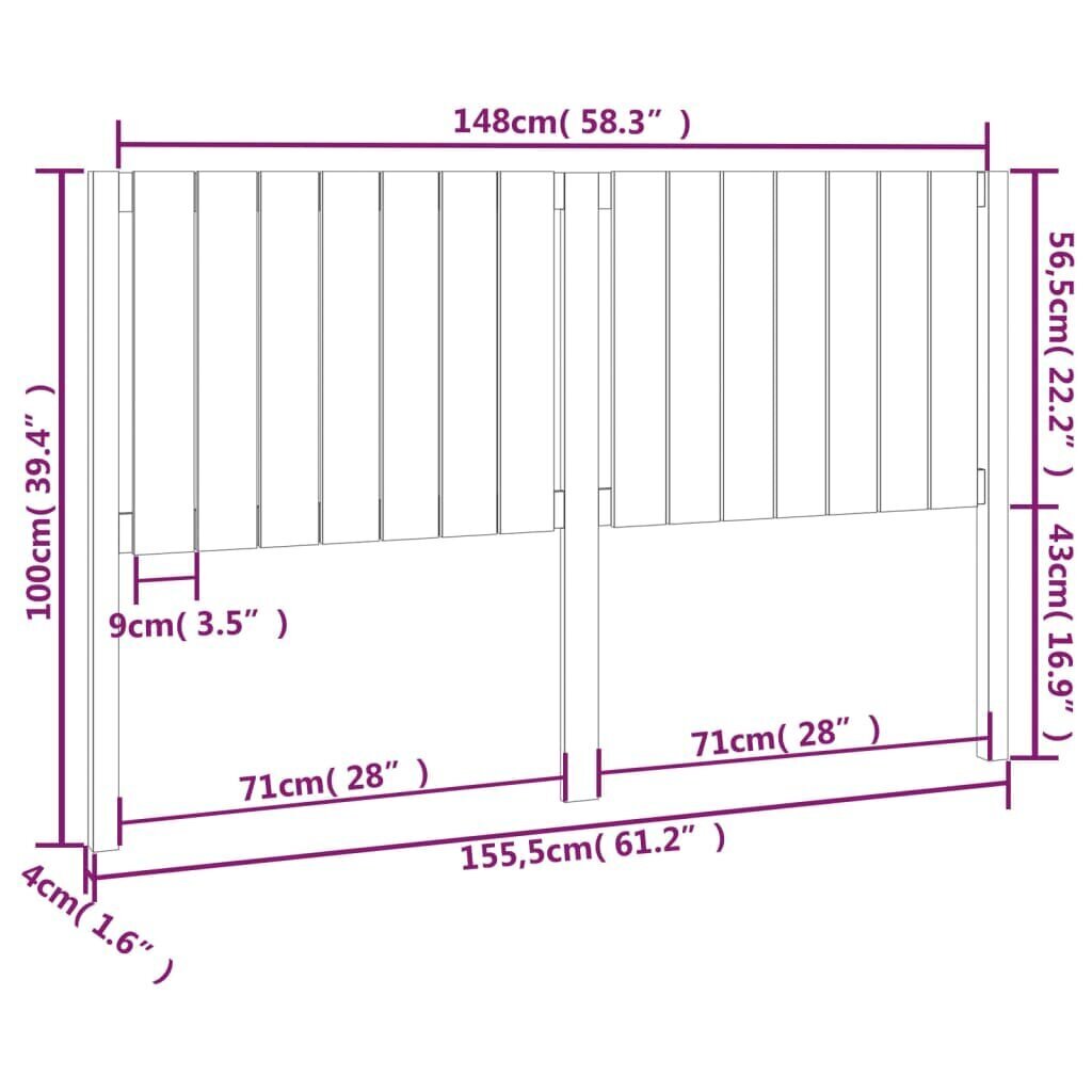 vidaXL Sängynpääty 155,5x4x100 cm täysi mänty hinta ja tiedot | Sängyt | hobbyhall.fi