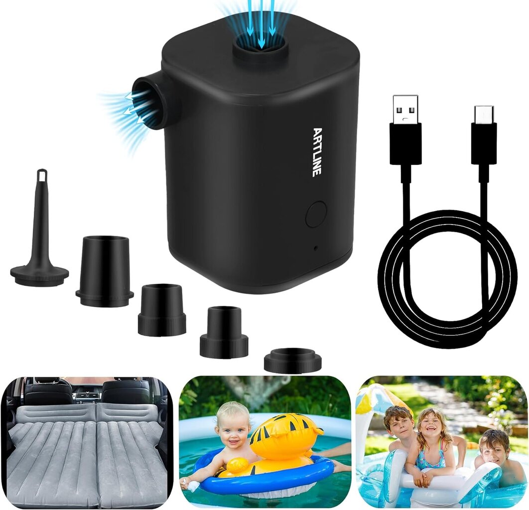 Sähköinen ilmapumppu Artline, USB, 5 suutinta, musta hinta ja tiedot | Ilmapatjat | hobbyhall.fi
