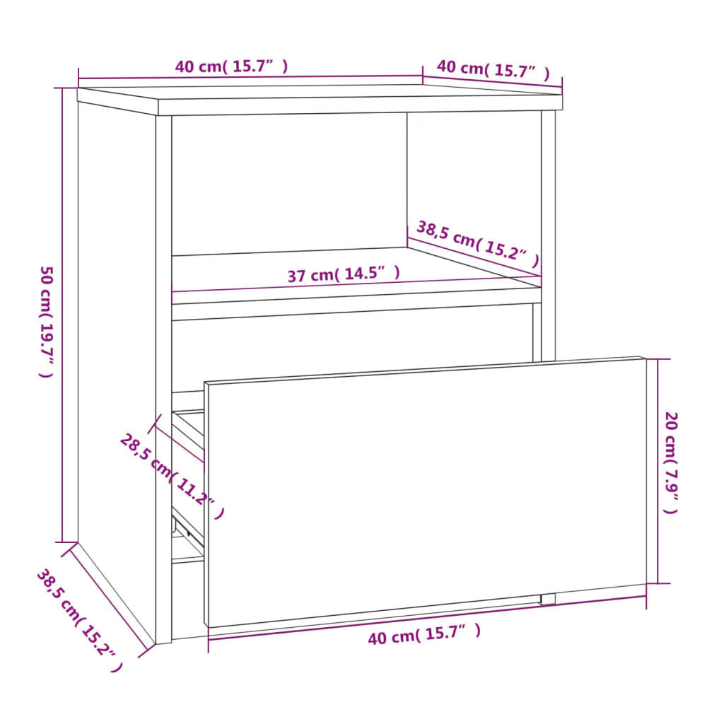 vidaXL Yöpöydät 2 kpl savutammi 40x40x50 cm tekninen puu hinta ja tiedot | Yöpöydät | hobbyhall.fi