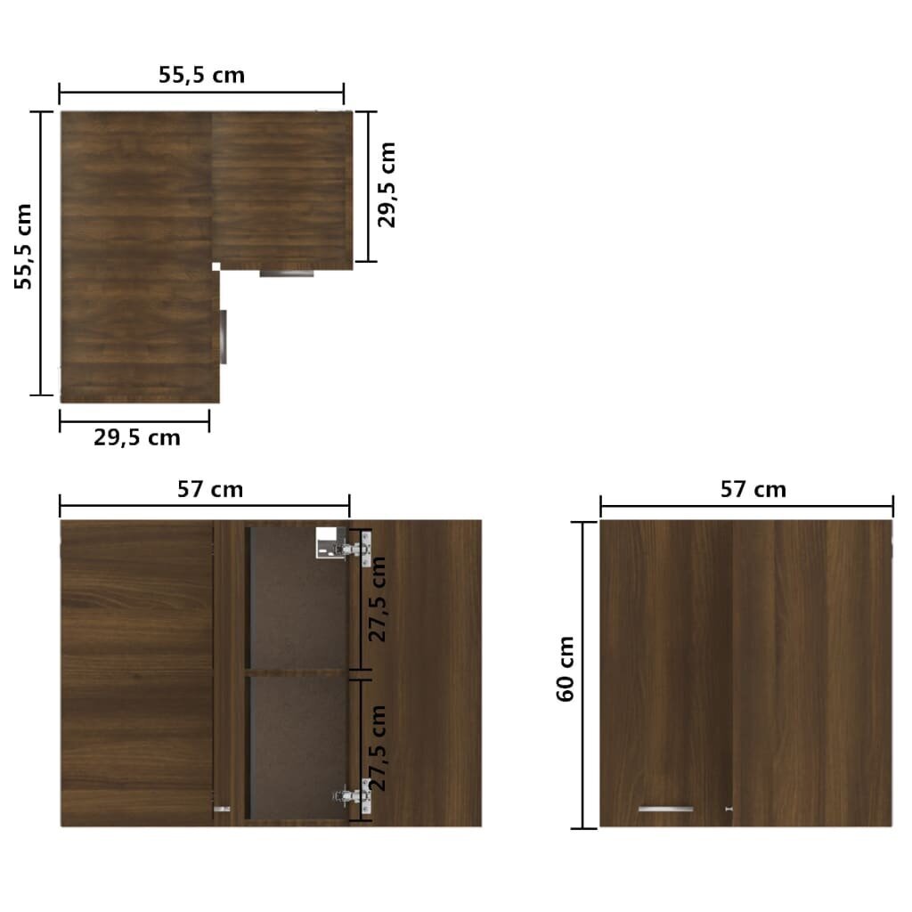 vidaXL Riippuva kulmakaappi ruskea tammi 57x57x60 cm tekninen puu hinta ja tiedot | Keittiön kaapit | hobbyhall.fi