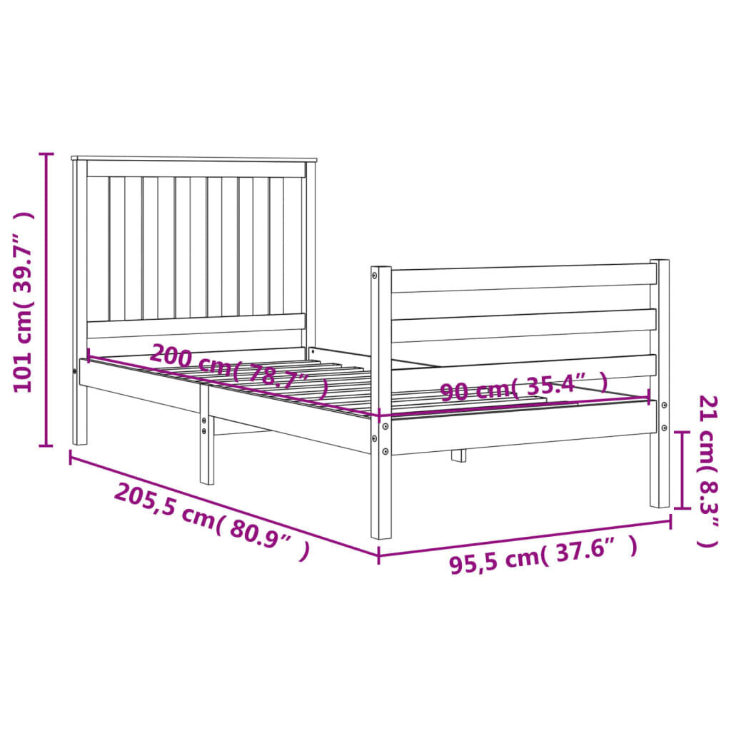 vidaXL Sängynrunko päädyllä 90x200 cm täysi puu hinta ja tiedot | Sängyt | hobbyhall.fi