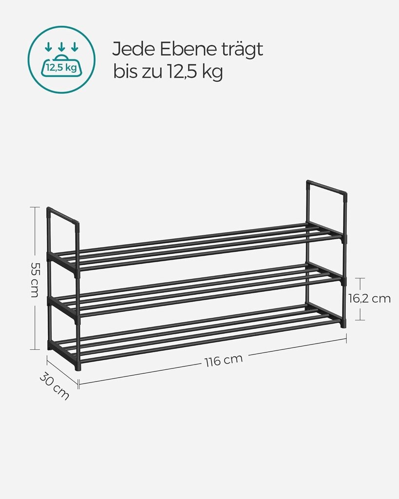 SONGMICS kenkäteline, 3-tasoinen, 30x116x55 cm, musta hinta ja tiedot | Kenkäkaapit ja -hyllyt | hobbyhall.fi