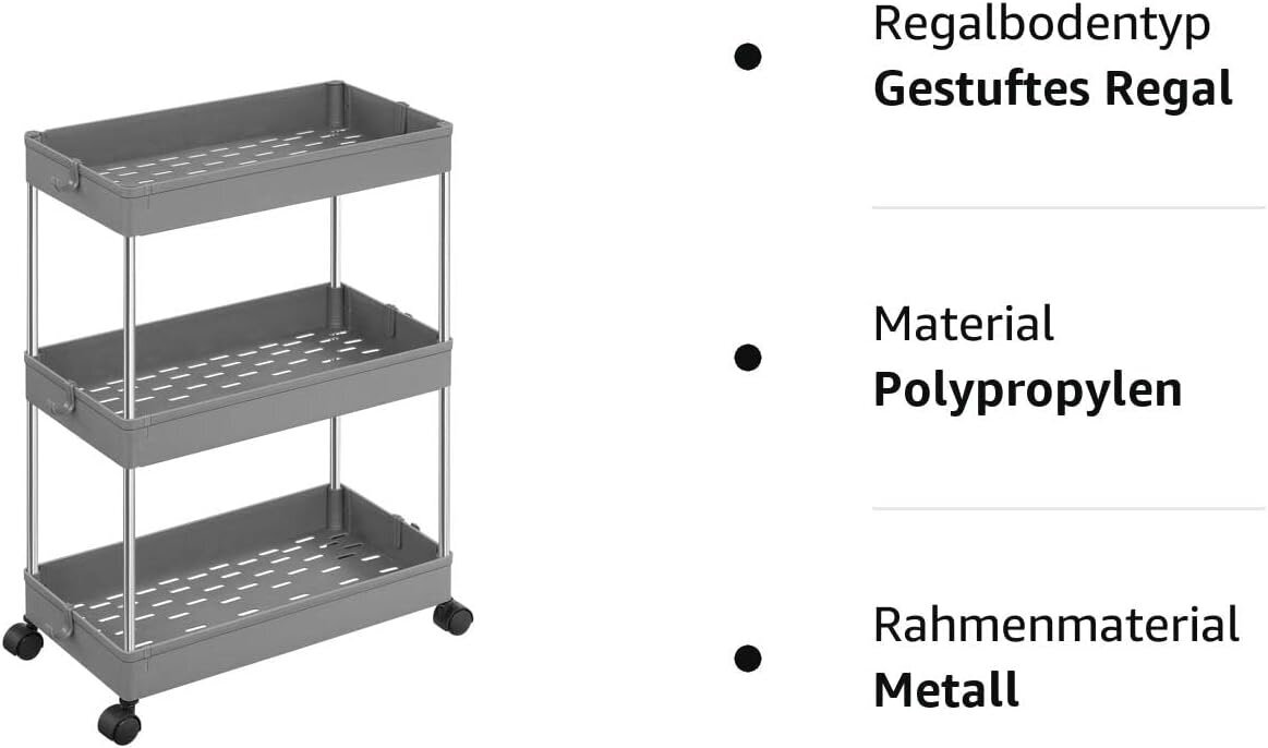 SONGMICS Keittiövaunu, 3-kerroksinen, 40 x 22 x 60 cm, harmaa hinta ja tiedot | Hyllyt | hobbyhall.fi