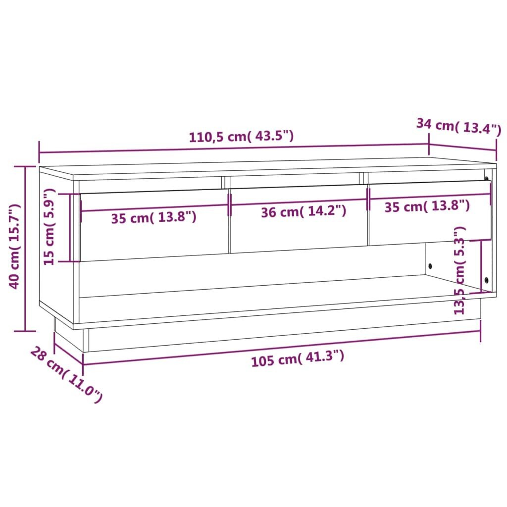 vidaXL TV-taso valkoinen 110,5x34x40 cm täysi mänty hinta ja tiedot | TV-tasot | hobbyhall.fi