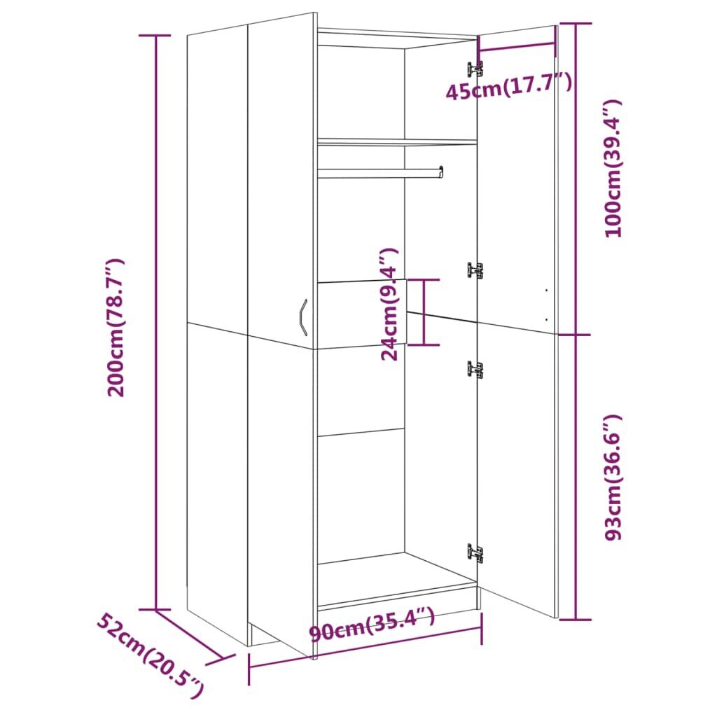 vidaXL Vaatekaappi ruskea tammi 90x52x200 cm tekninen puu hinta ja tiedot | Kaapit | hobbyhall.fi