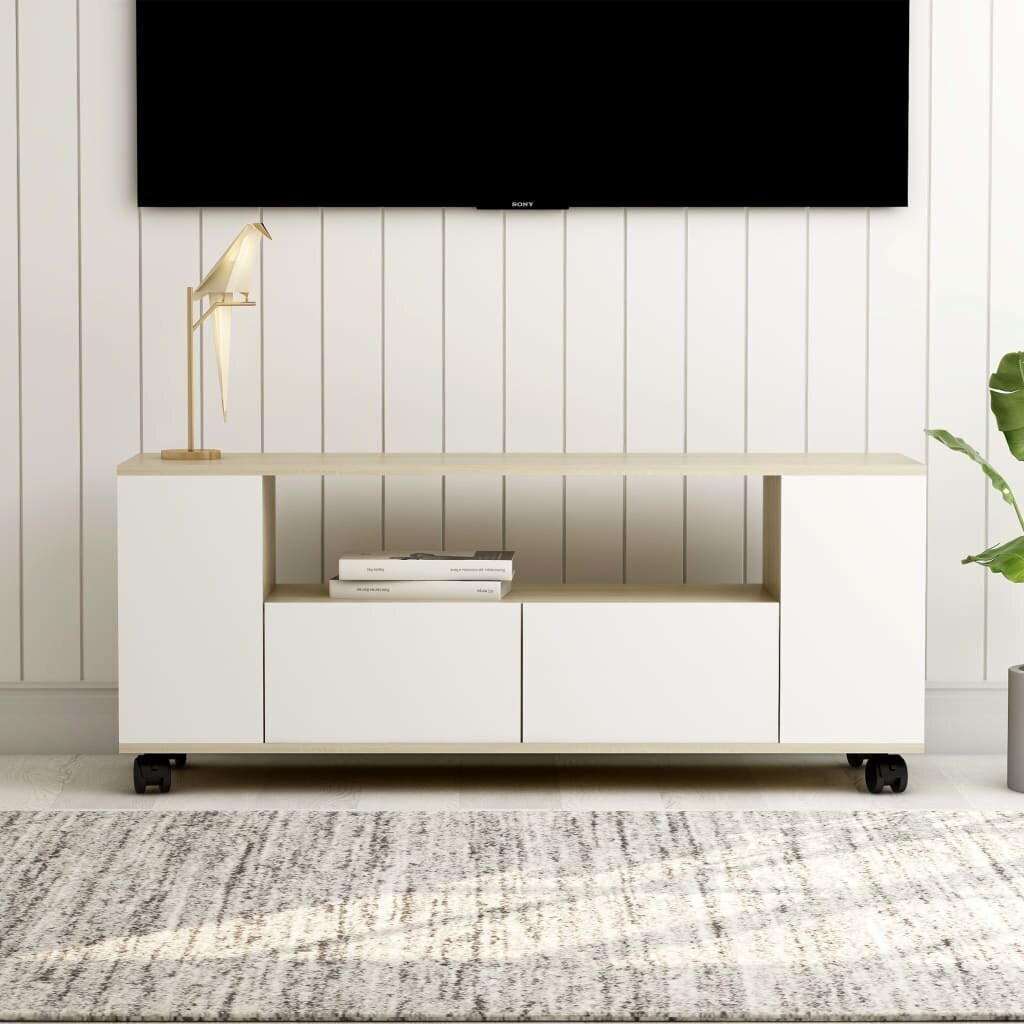vidaXL TV-taso valkoinen ja Sonoma-tammi 120x35x48 cm tekninen puu hinta ja tiedot | TV-tasot | hobbyhall.fi