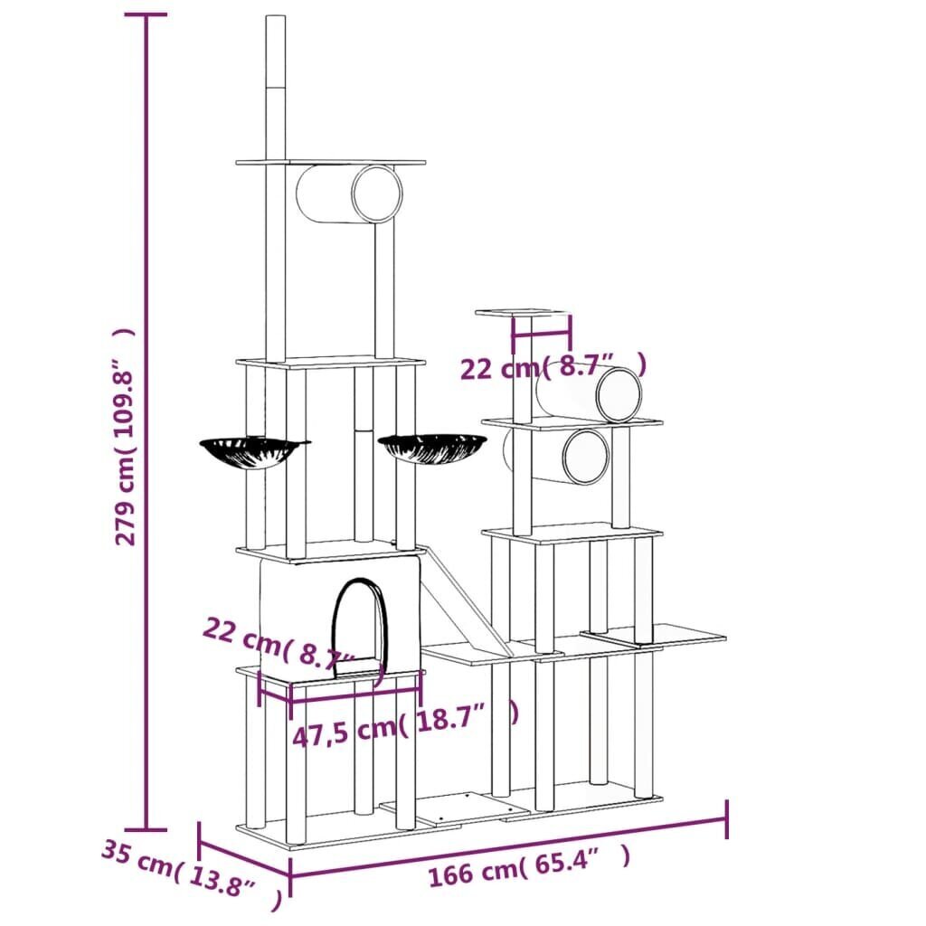 vidaXL Kissan kiipeilypuu sisal- raapimispylväillä kerma 279 cm hinta ja tiedot | Raapimispuut ja kiipeilypuut | hobbyhall.fi