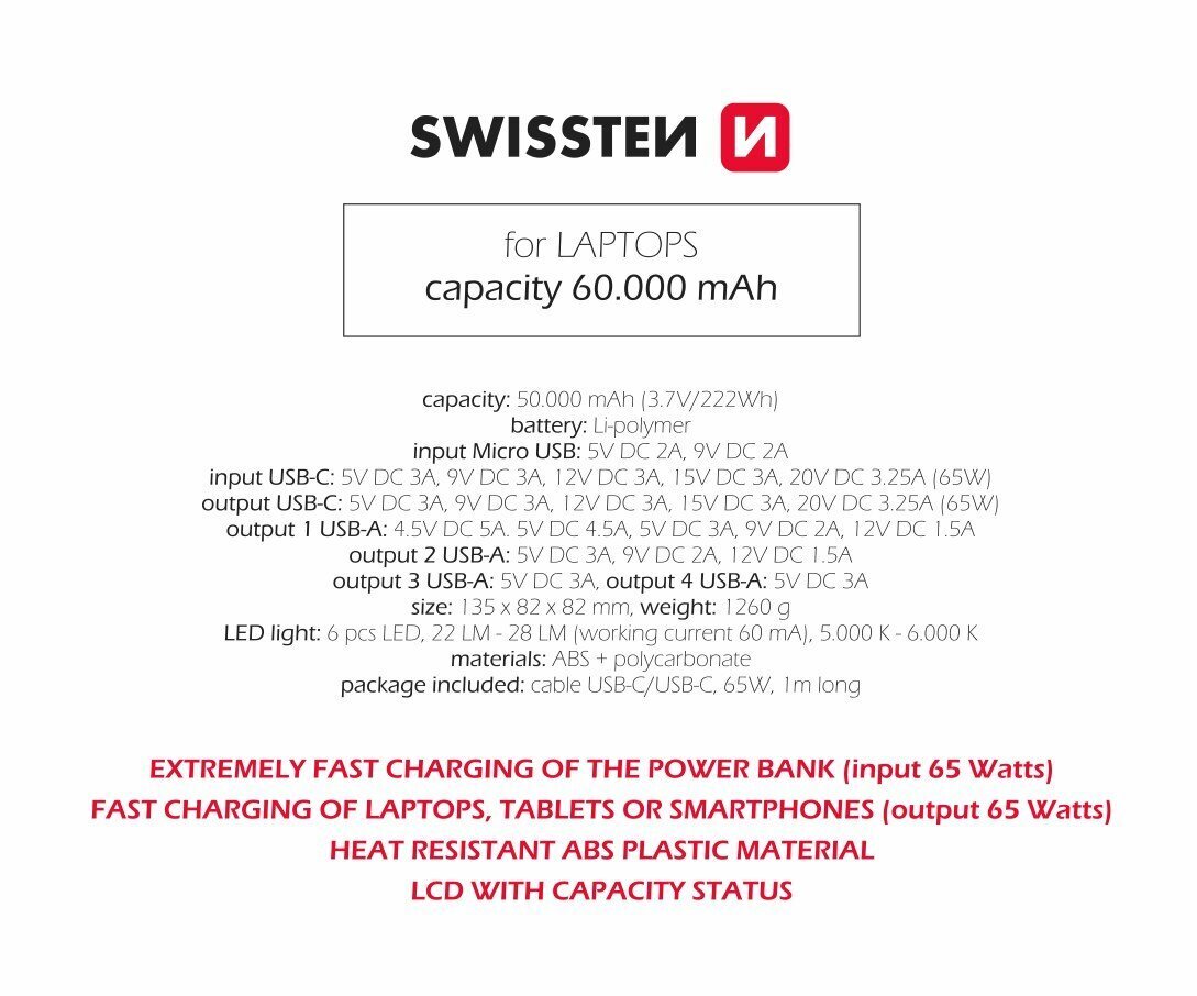 Swissten Power Line 60 000 mAh hinta ja tiedot | Varavirtalähteet | hobbyhall.fi