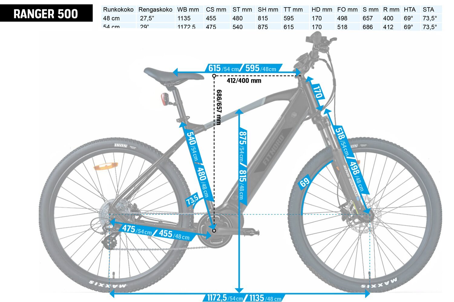 Sähköinen maastopyörä FitNord Ranger 500 (612 Wh akku), 54 cm runko hinta ja tiedot | Sähköpyörät | hobbyhall.fi