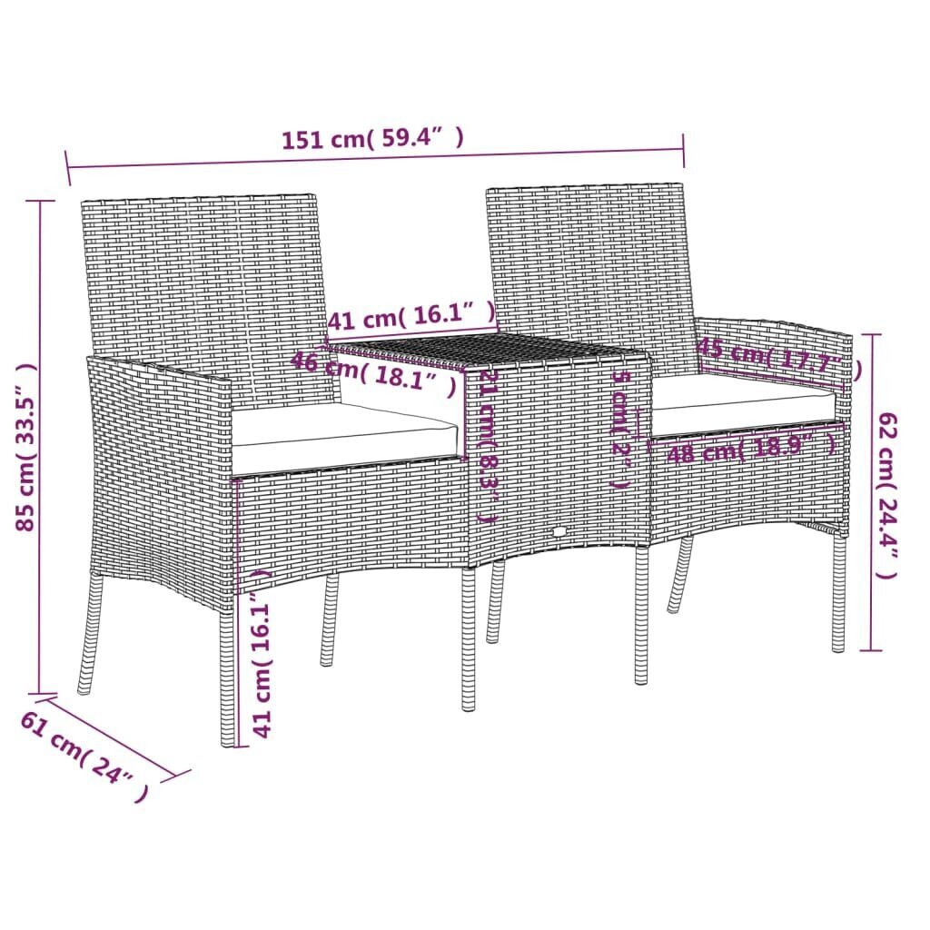 vidaXL 2-istuttava Puutarhasohva pikkupöydällä polyrottinki ruskea hinta ja tiedot | Puutarhatuolit | hobbyhall.fi