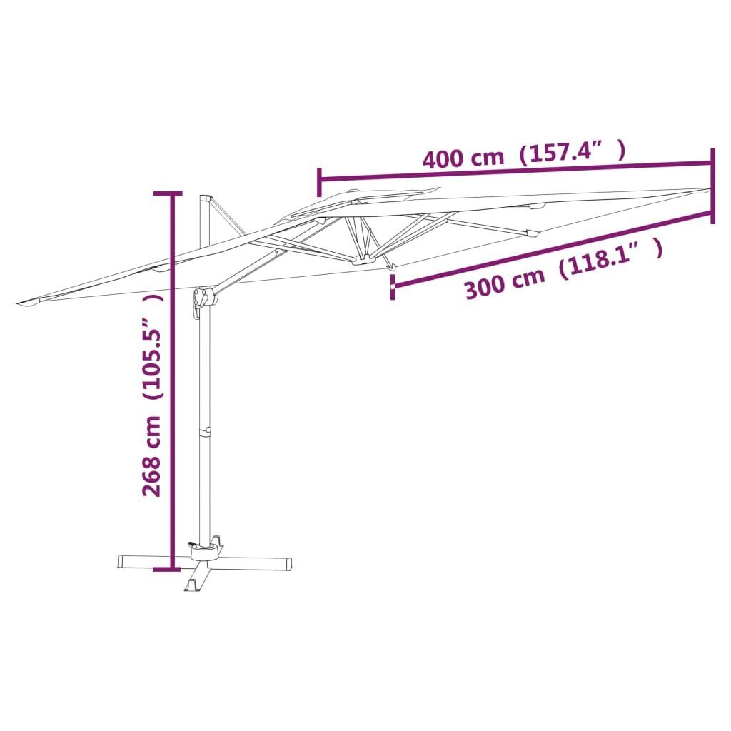 vidaXL Riippuva kaksois-aurinkovarjo taivaansininen 400x300 cm hinta ja tiedot | Aurinkovarjot ja markiisit | hobbyhall.fi