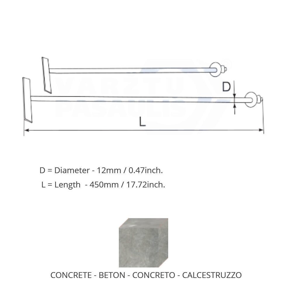 Muurausankkurit M12x450, 20kpl hinta ja tiedot | Kiinnitystarvikkeet | hobbyhall.fi