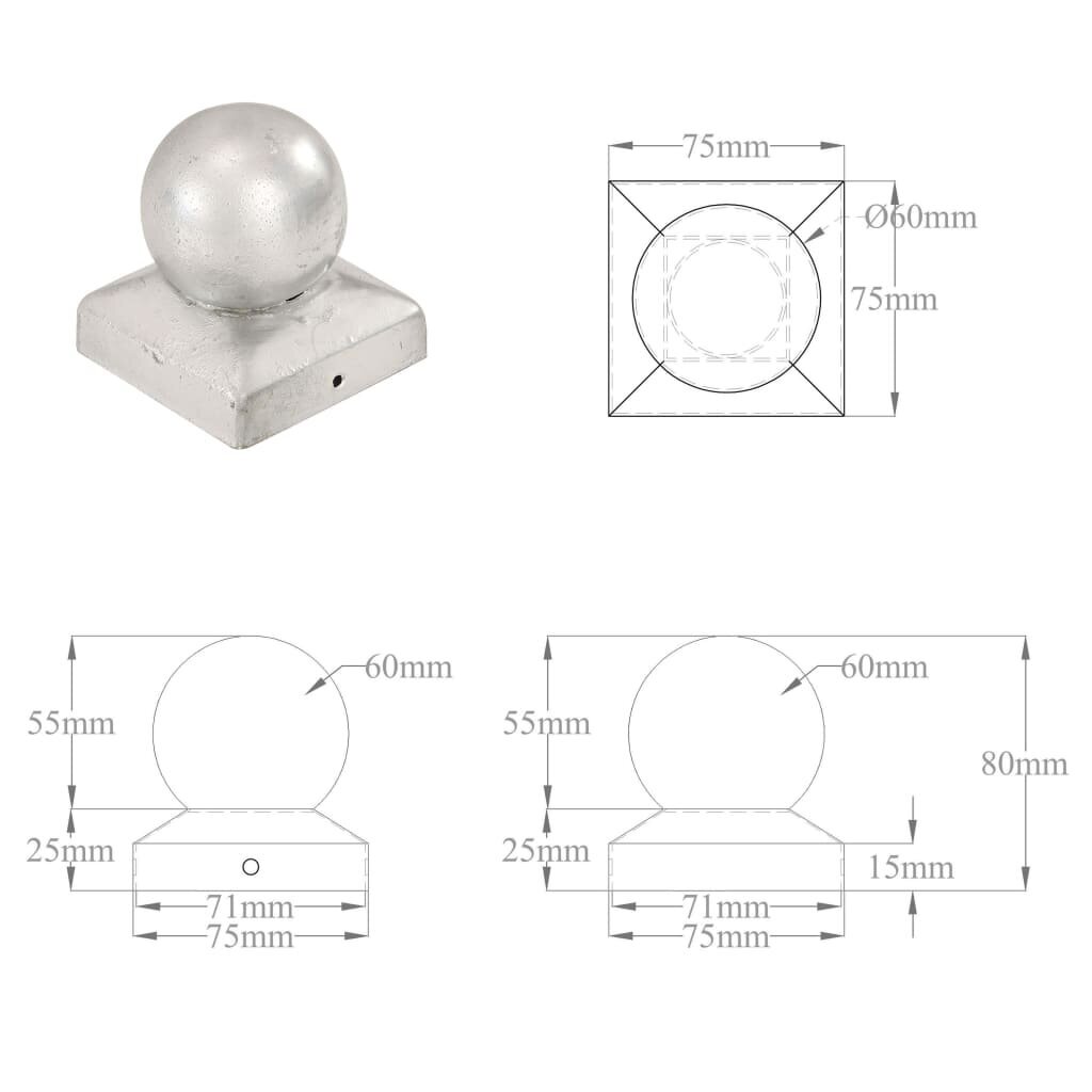 vidaXL Pallon muotoiset tolpan kärjet 6 kpl galvanoitu metalli 71x71mm hinta ja tiedot | Aidat ja tarvikkeet | hobbyhall.fi