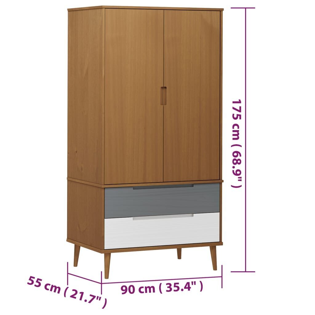 vidaXL Vaatekaappi MOLDE ruskea 90x55x175 cm täysi mänty hinta ja tiedot | Kaapit | hobbyhall.fi