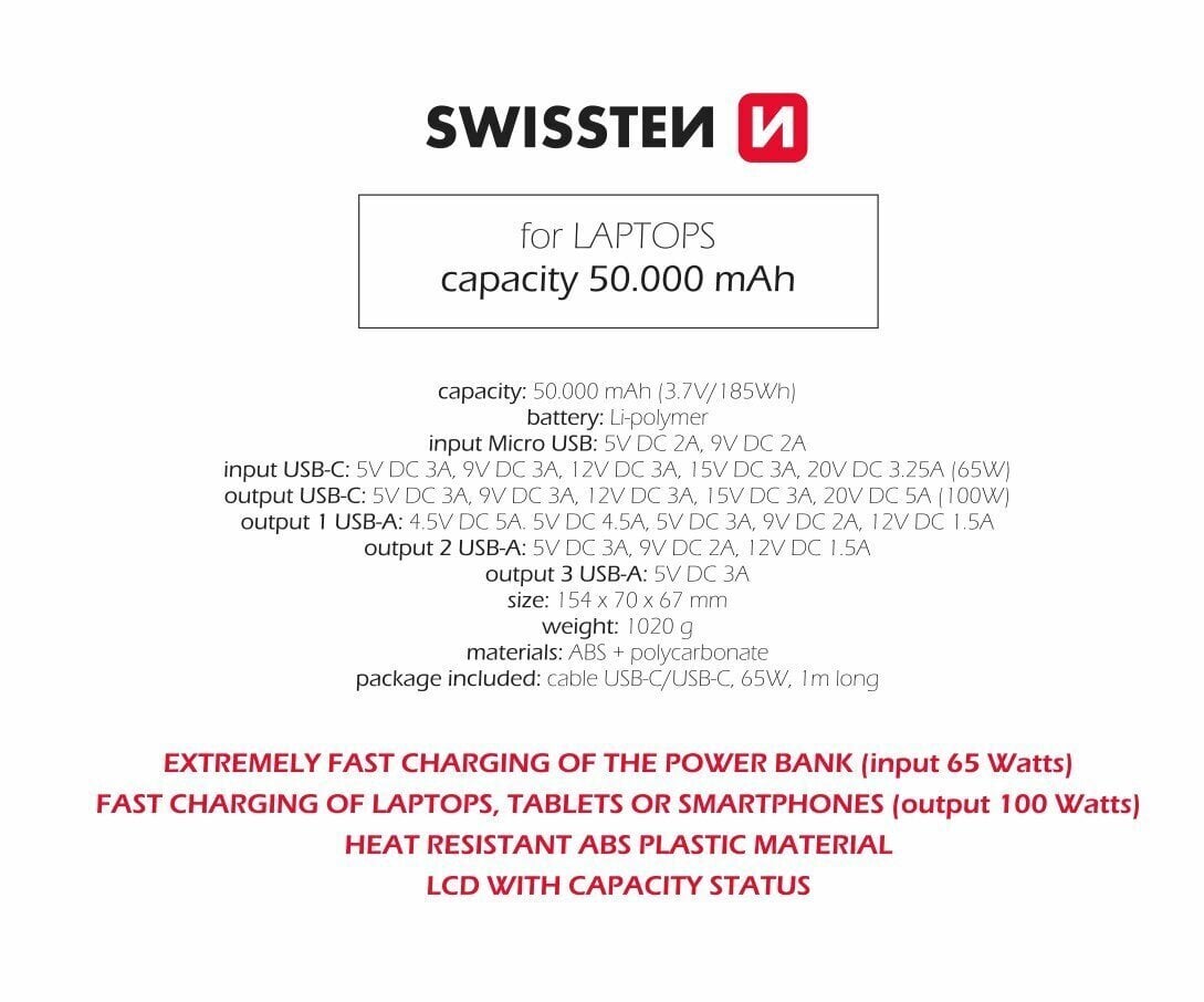 Swissten Power Line 50 000 mAh hinta ja tiedot | Varavirtalähteet | hobbyhall.fi