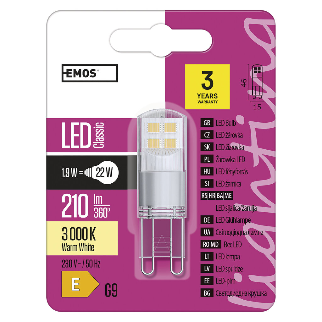 LED lemputė EMOS CLS JC 1.9W G9 210lm WW hinta ja tiedot | Lamput | hobbyhall.fi