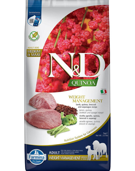 Farmina N&D Quinoa Weight Management kaikille koiraroduille lammasta ja parsakaalia, 7 kg