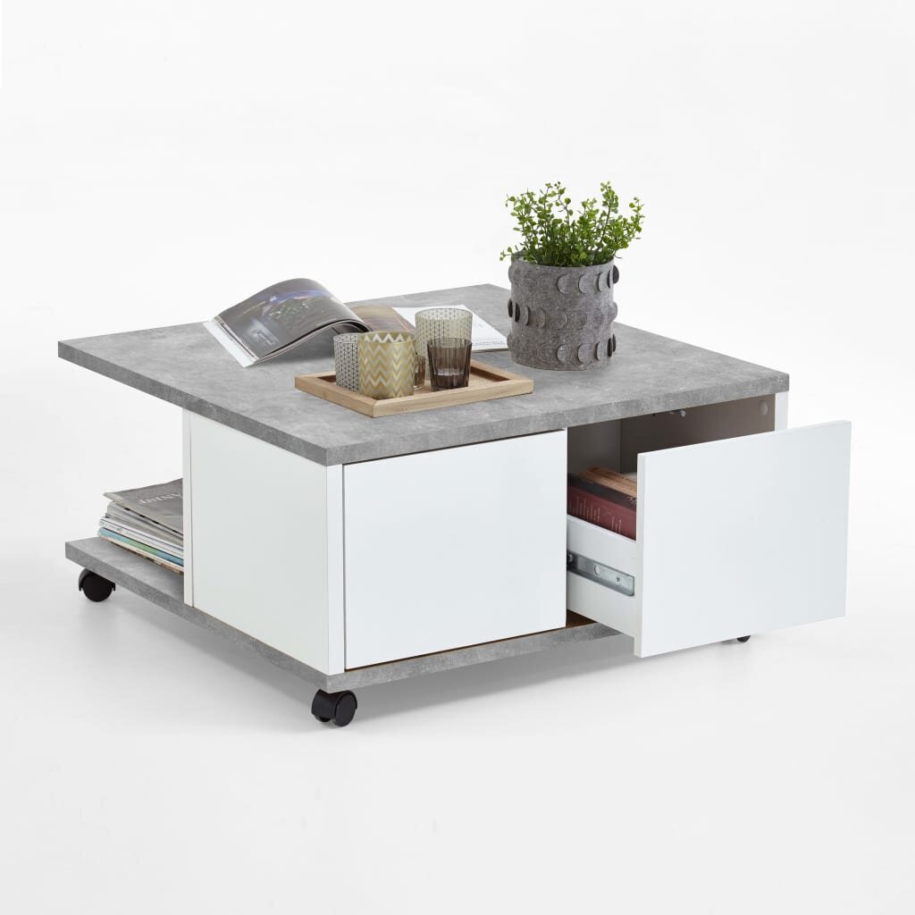 FMD Liikkuva sohvapöytä 70x70x35,5 cm betoni ja kiiltävä valkoinen hinta ja tiedot | Sohvapöydät | hobbyhall.fi