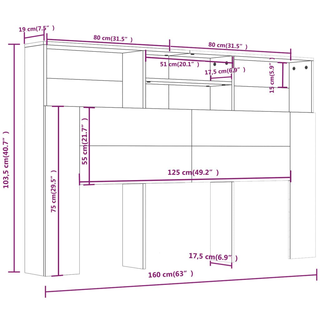 vidaXL Sängynpääty säilytystilalla ruskea tammi 160x19x103,5 cm hinta ja tiedot | Sängyt | hobbyhall.fi