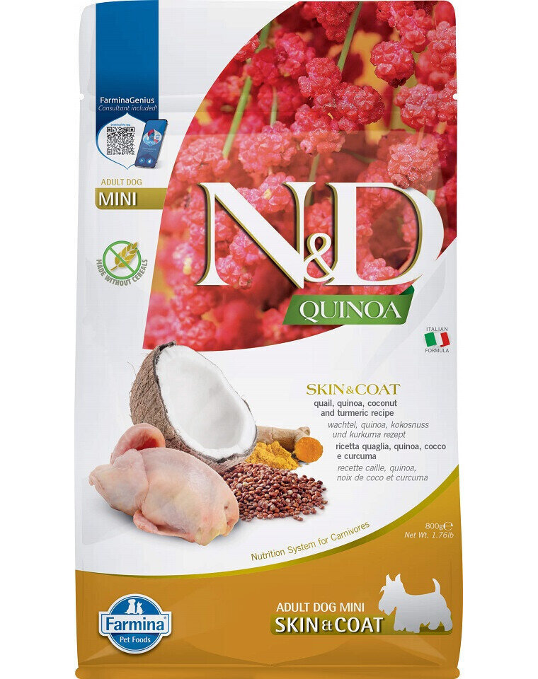 Farmina N&D Quinoa Skin&Coat pienirotuisille koirille, viiriäinen, kvinoa, kookos ja kurkuma, 800 g hinta ja tiedot | Koiran kuivaruoka | hobbyhall.fi