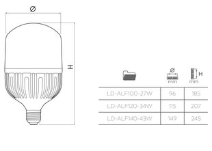 LED-lamppu F140 43W, 4600lm, E40, AC 230V 50/60 4000K, LD-ALF140-43W, GTV hinta ja tiedot | GTV Kodin remontointi | hobbyhall.fi