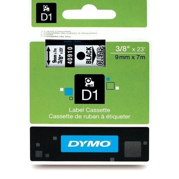 dymo alkuperäinen värikasetti, dymo, 40910, s0720670, musta tulostus/läpinäkyvä pohja, 7 m, 9 mm, d1 hinta ja tiedot | Tulostustarvikkeet | hobbyhall.fi